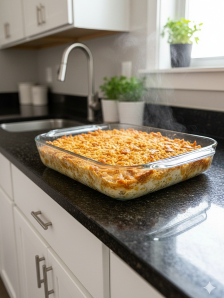 Freshly baked Creamy Ritz Chicken and Corn Casserole in a glass baking dish on a kitchen counter with steam rising.